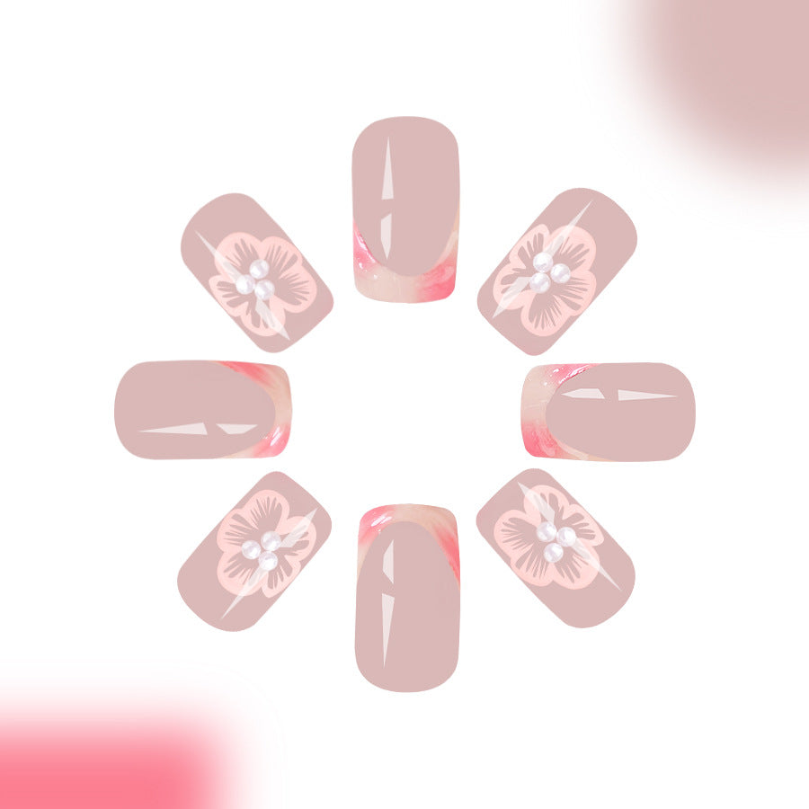 Wholesale Short glossy French relief flower pearl wearable nail art 24 pieces